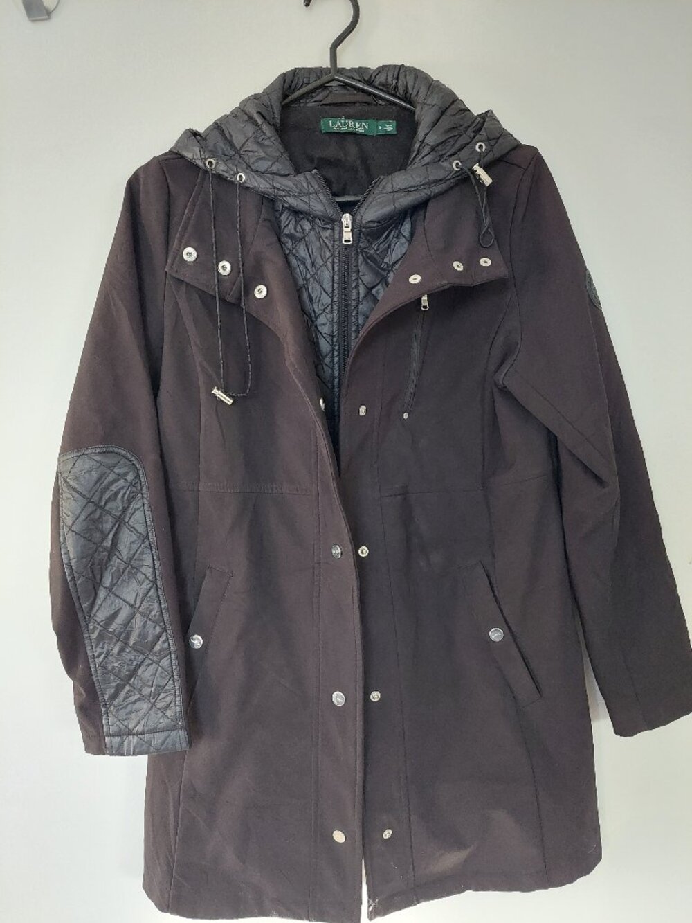 Ralph Lauren Women's Sz S Soft Shell Jacket Full Zip Hooded Black Elbow Patches